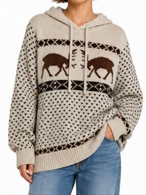 American Eagle Buffalo Knit Hooded Sweater Women’s Large Cream Brown Western